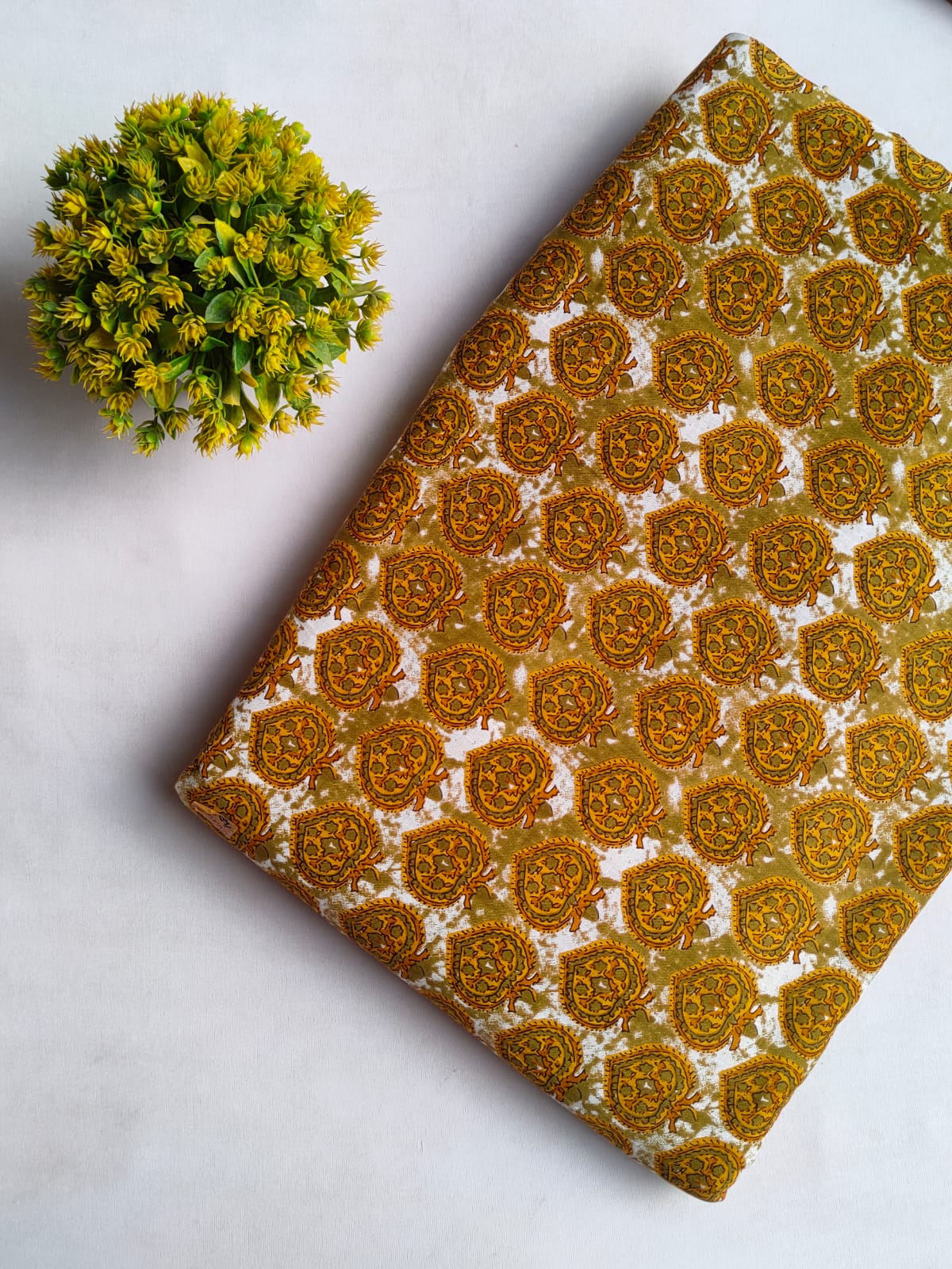 Mustard Yellow Leaf Motif Screen Print Pure Cotton Fabric From Tulsi Prints