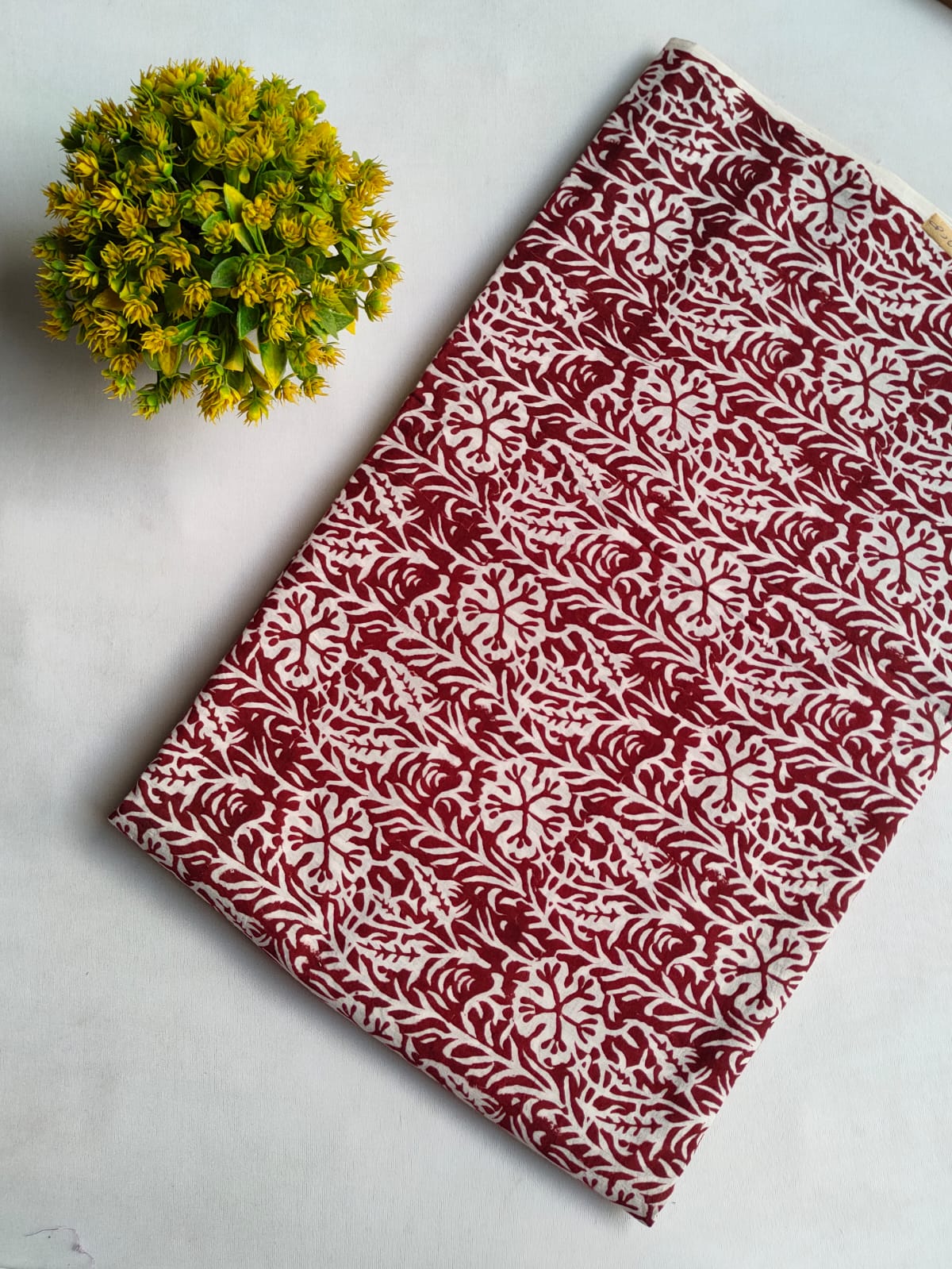 Red Floral Sanganeri Hand Block Print Pure Cotton Fabric From Tulsi Prints
