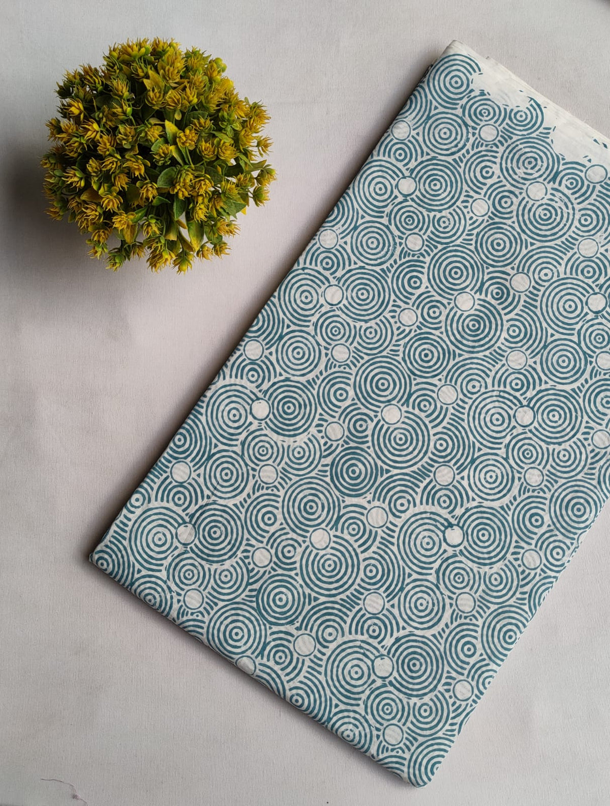 Teal Circular Pattern Sanganeri Block Print Pure Cotton Fabric From Tulsi Prints