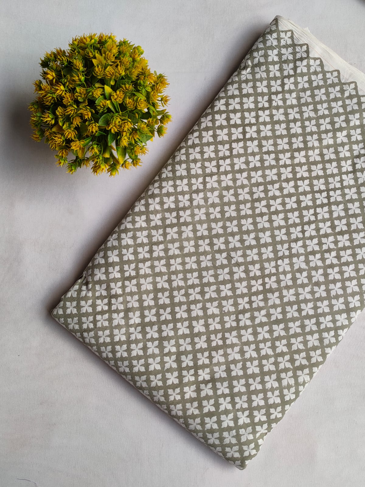 Olive Green Geometric Sanganeri Block Print Pure Cotton Fabric From Tulsi Prints