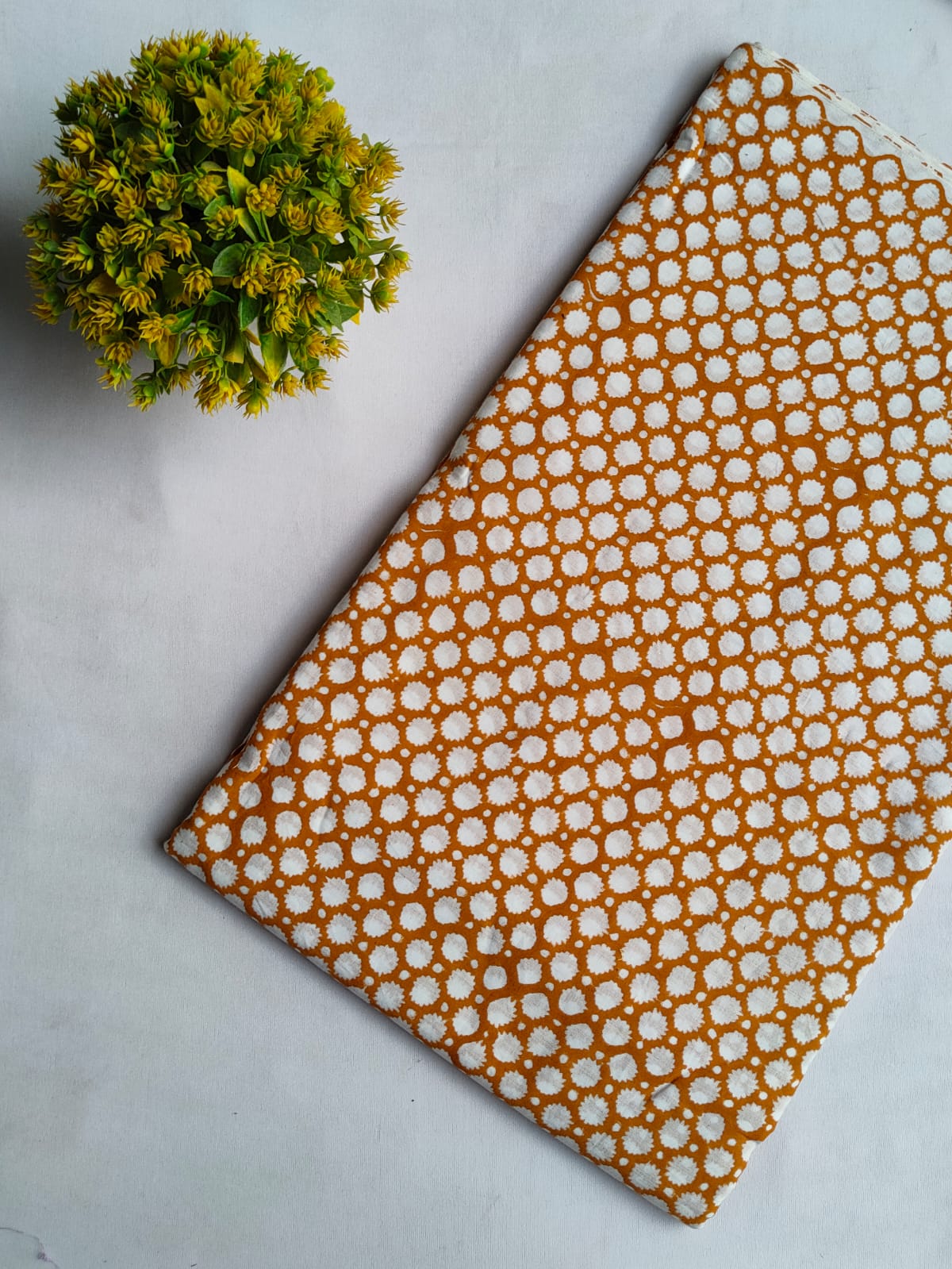 Mustard Yellow Polka Dot Sanganeri Block Print Cotton Fabric From Tulsi Prints