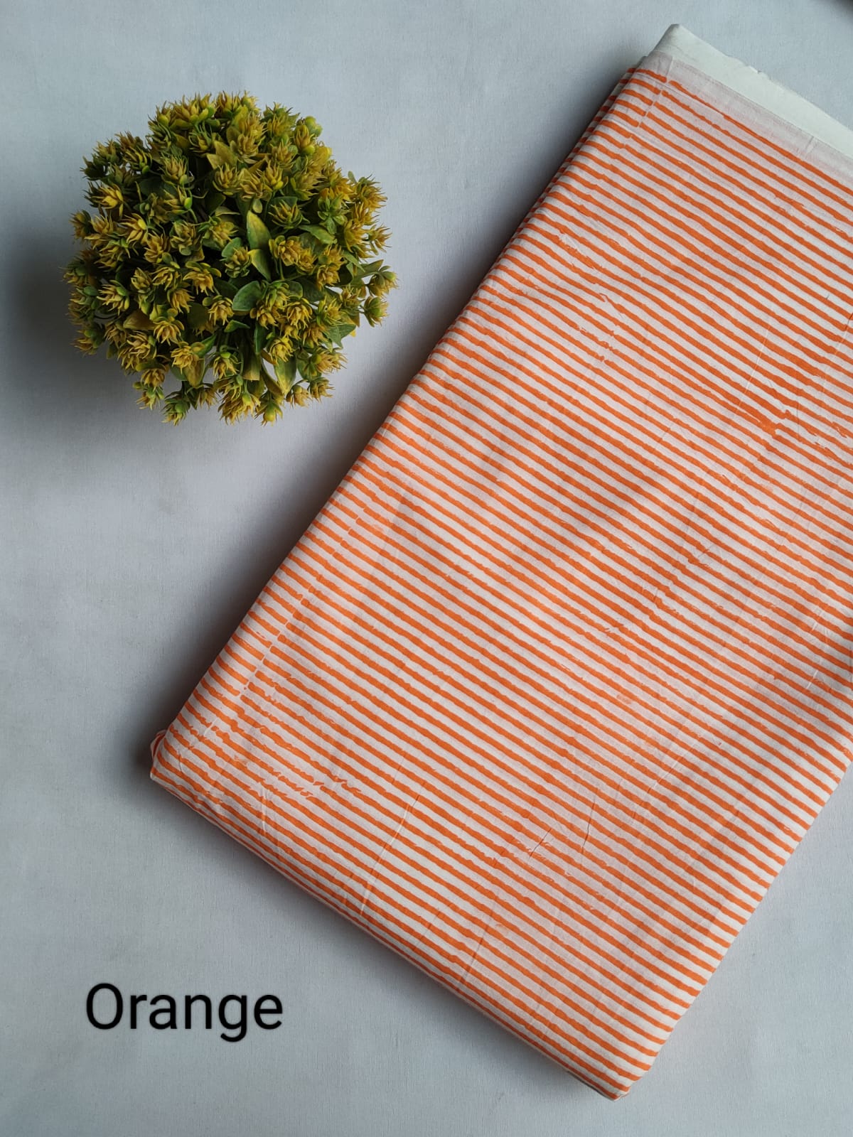 Orange Striped Sanganeri Block Print Pure Cotton Fabric From Tulsi Prints