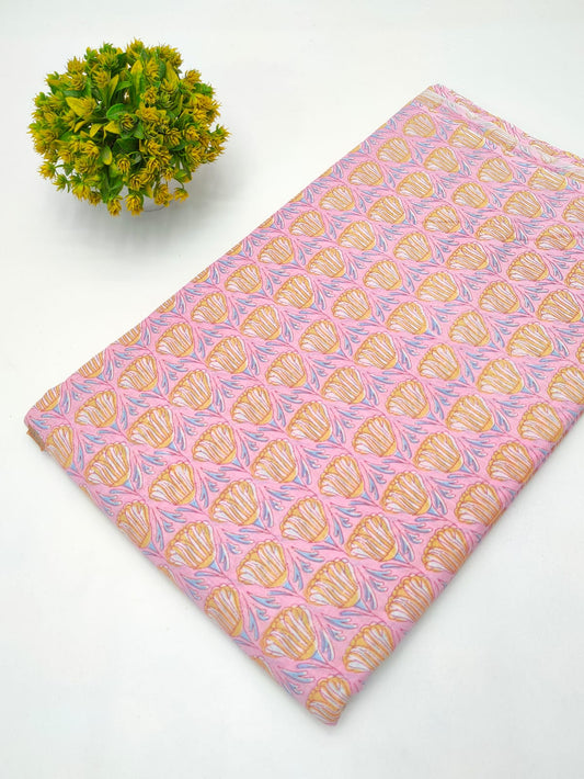 Pink Floral Sanganeri Block Print Pure Cotton Fabric