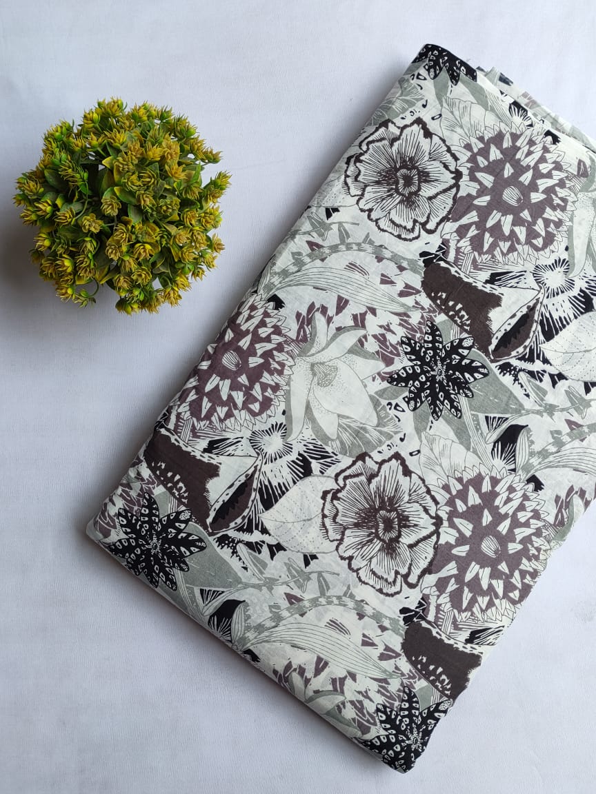 Off White Large Floral Screen Print Pure Cotton Fabric From Tulsi Prints
