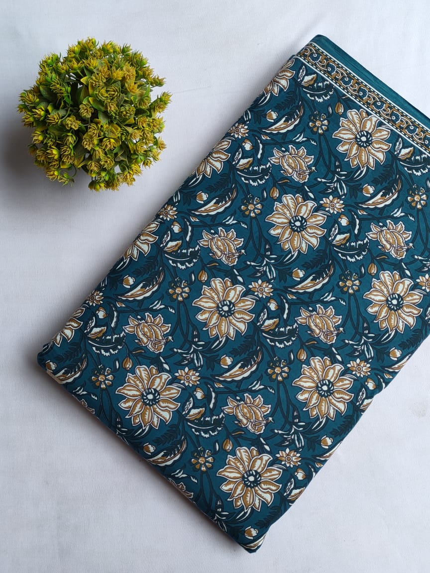Teal Blue Floral Vine Screen Print Pure Cotton Fabric From Tulsi Prints