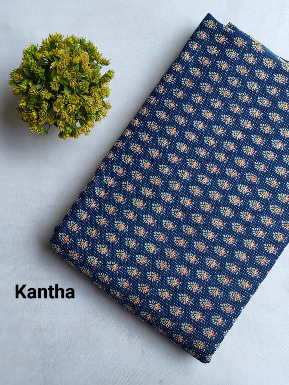 Navy Blue Paisley Kantha Screen Print Pure Cotton Fabric From Tulsi Prints