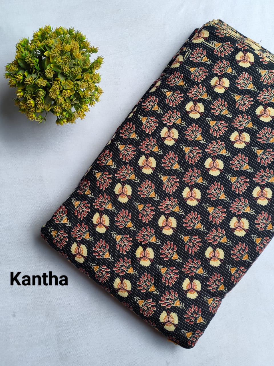 Black Floral Kantha Screen Print Pure Cotton Fabric From Tulsi Prints