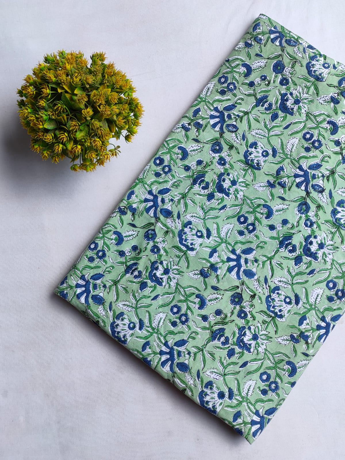 Green Floral Sanganeri Hand Block Print Cotton Fabric From Tulsi Prints