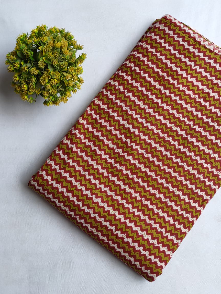 Maroon And Olive Zigzag Screen Print Pure Cotton Fabric From Tulsi Prints