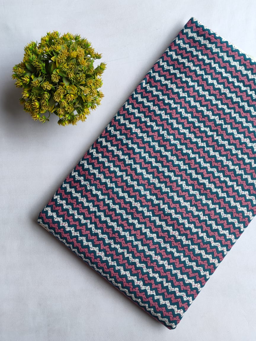 Teal Blue Chevron Zigzag Screen Print Pure Cotton Fabric From Tulsi Prints
