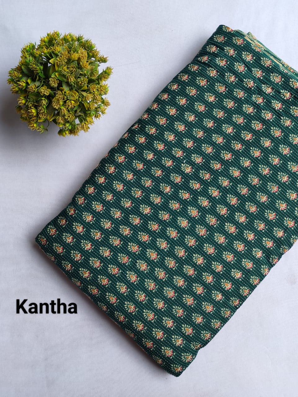 Green Kantha Motif Screen Print Pure Cotton Fabric From Tulsi Prints