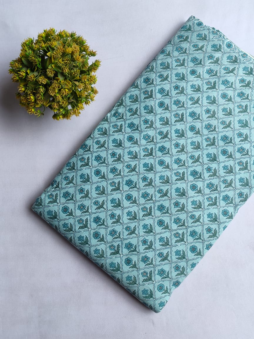 Mint Green Floral Booti Screen Print Pure Cotton Fabric From Tulsi Prints