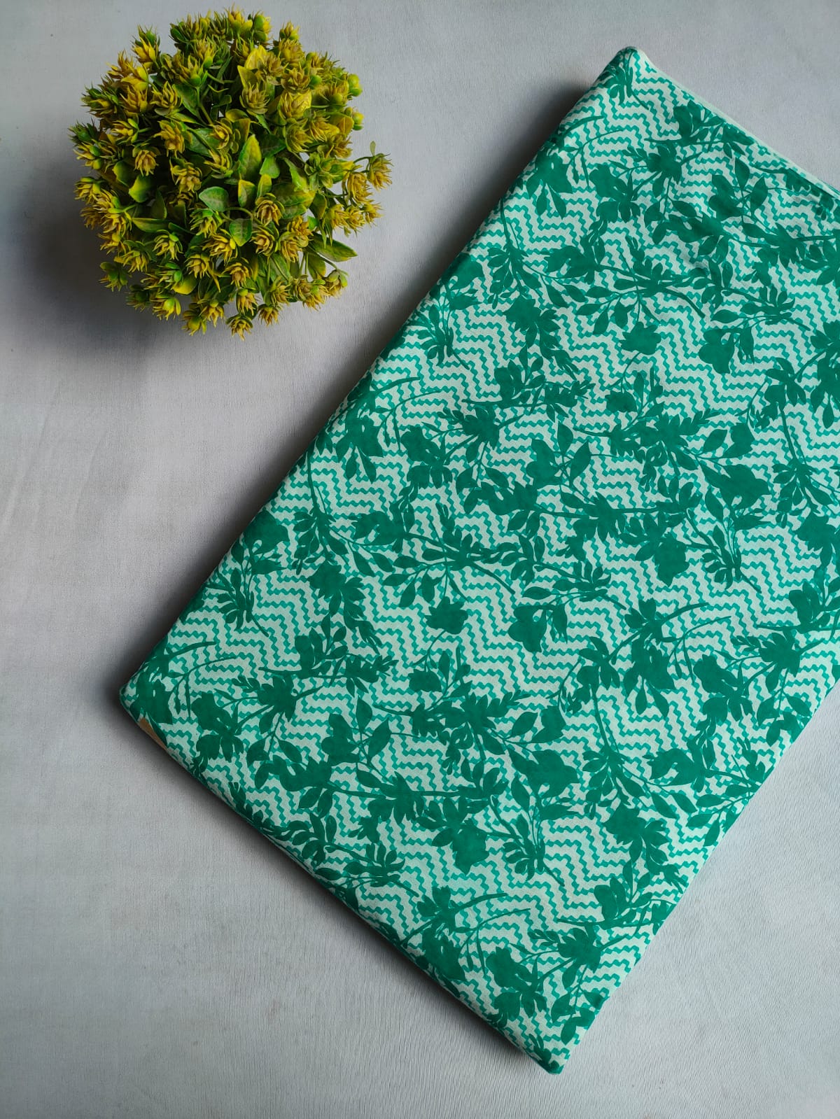 Green Floral Zigzag Screen Print Pure Cotton Fabric From Tulsi Prints