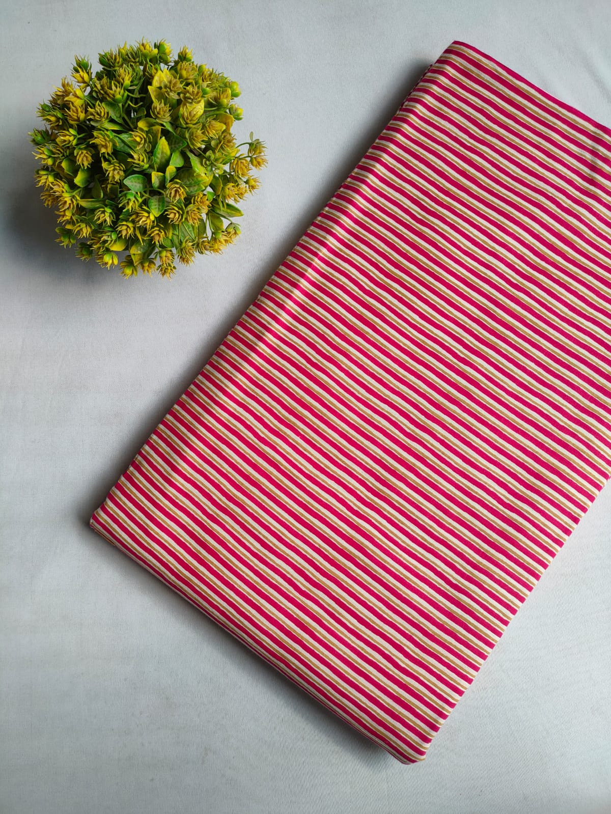 Pink and White Striped Screen Print Pure Cotton Fabric From Tulsi Prints