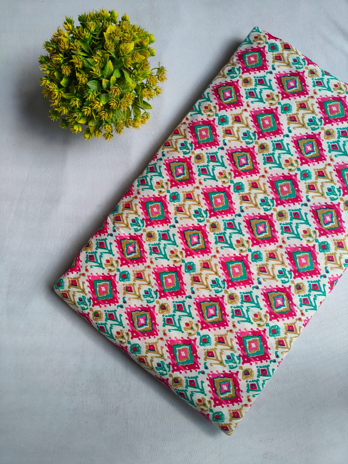 Off White Pink Geometric Screen Print Pure Cotton Fabric From Tulsi Prints