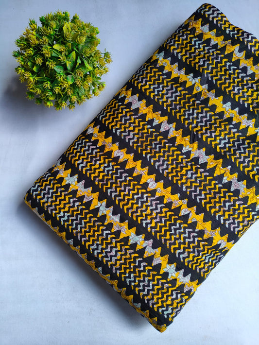 Black and Yellow Chevron Zigzag Screen Print Pure Cotton Fabric From Tulsi Prints