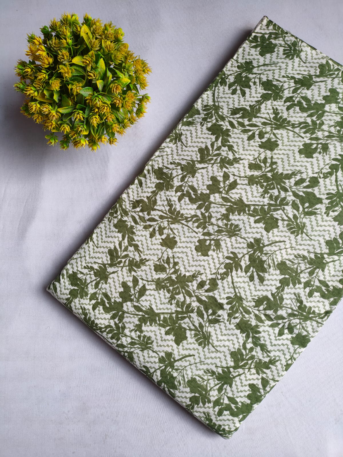 Olive Green Floral Vine Screen Print Pure Cotton Fabric From Tulsi Prints