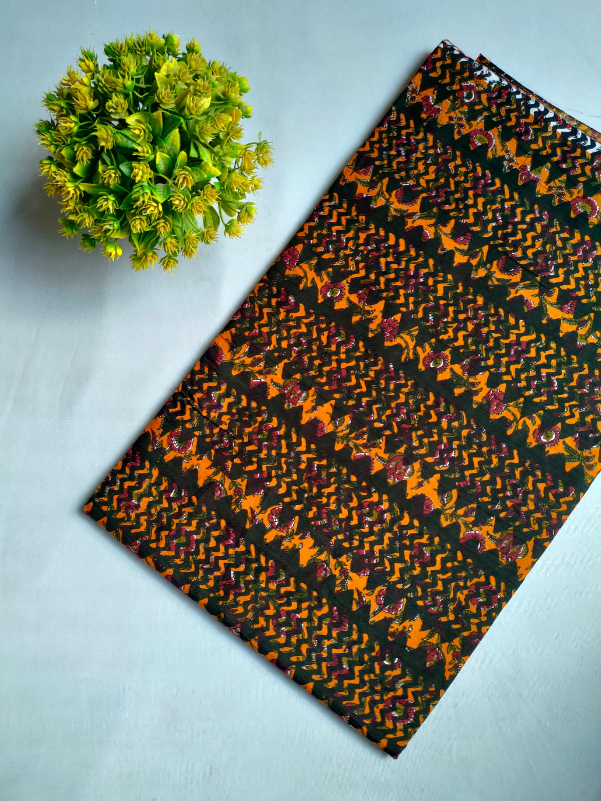 Black Orange Chevron Floral Screen Print Pure Cotton Fabric From Tulsi Prints