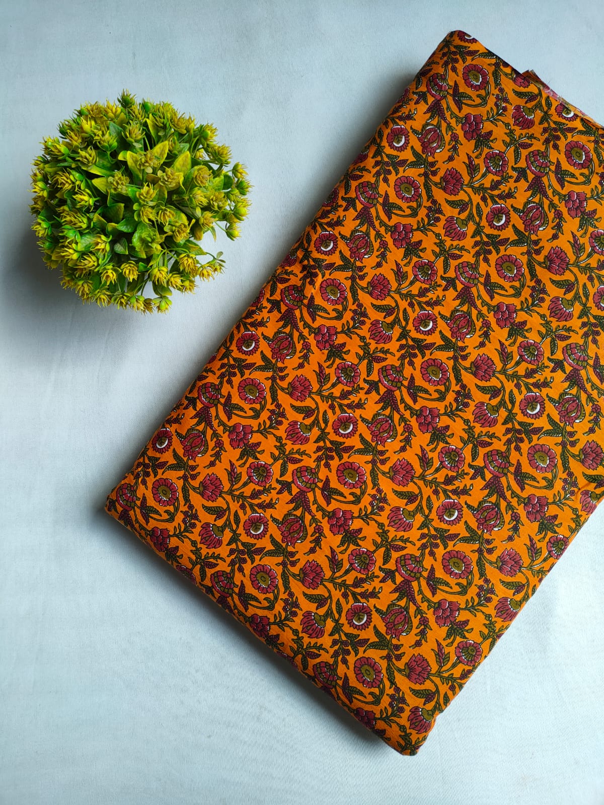 Mustard Yellow Floral Vine Screen Print Pure Cotton Fabric From Tulsi Prints