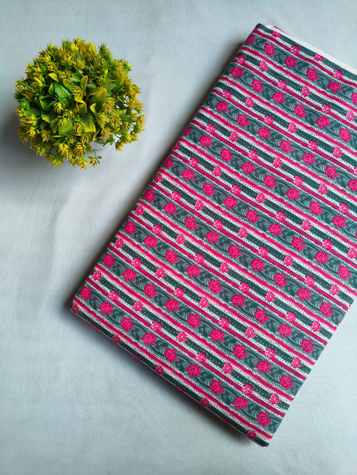 Slate Grey Floral Stripe Screen Print Pure Cotton Fabric From Tulsi Prints