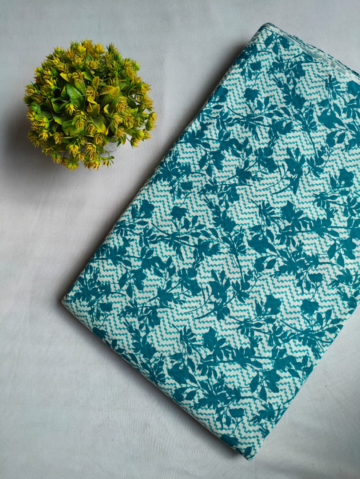 Teal Floral Vine Chevron Screen Print Pure Cotton Fabric From Tulsi Prints