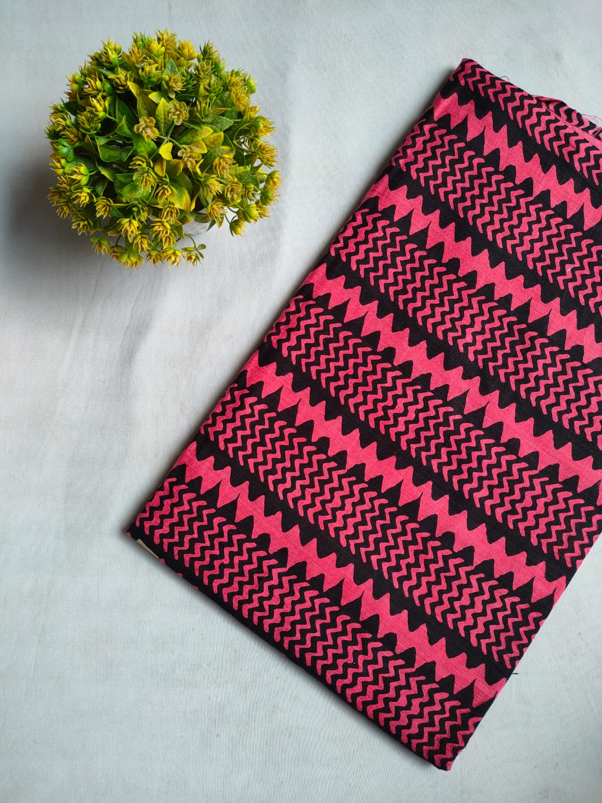 Pink and Black Chevron Zigzag Screen Print Pure Cotton Fabric From Tulsi Prints