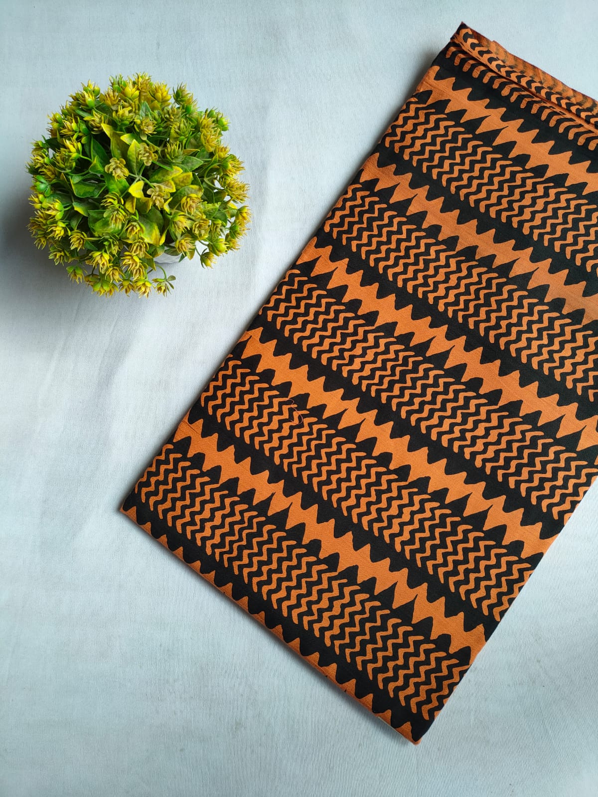 Rust Orange And Black Geometric Chevron Screen Print Pure Cotton Fabric From Tulsi Prints