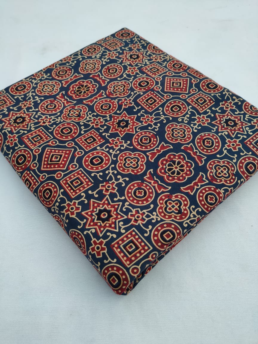 Navy Blue Geometric Ajrakh Print Pure Cotton Fabric From Tulsi Prints