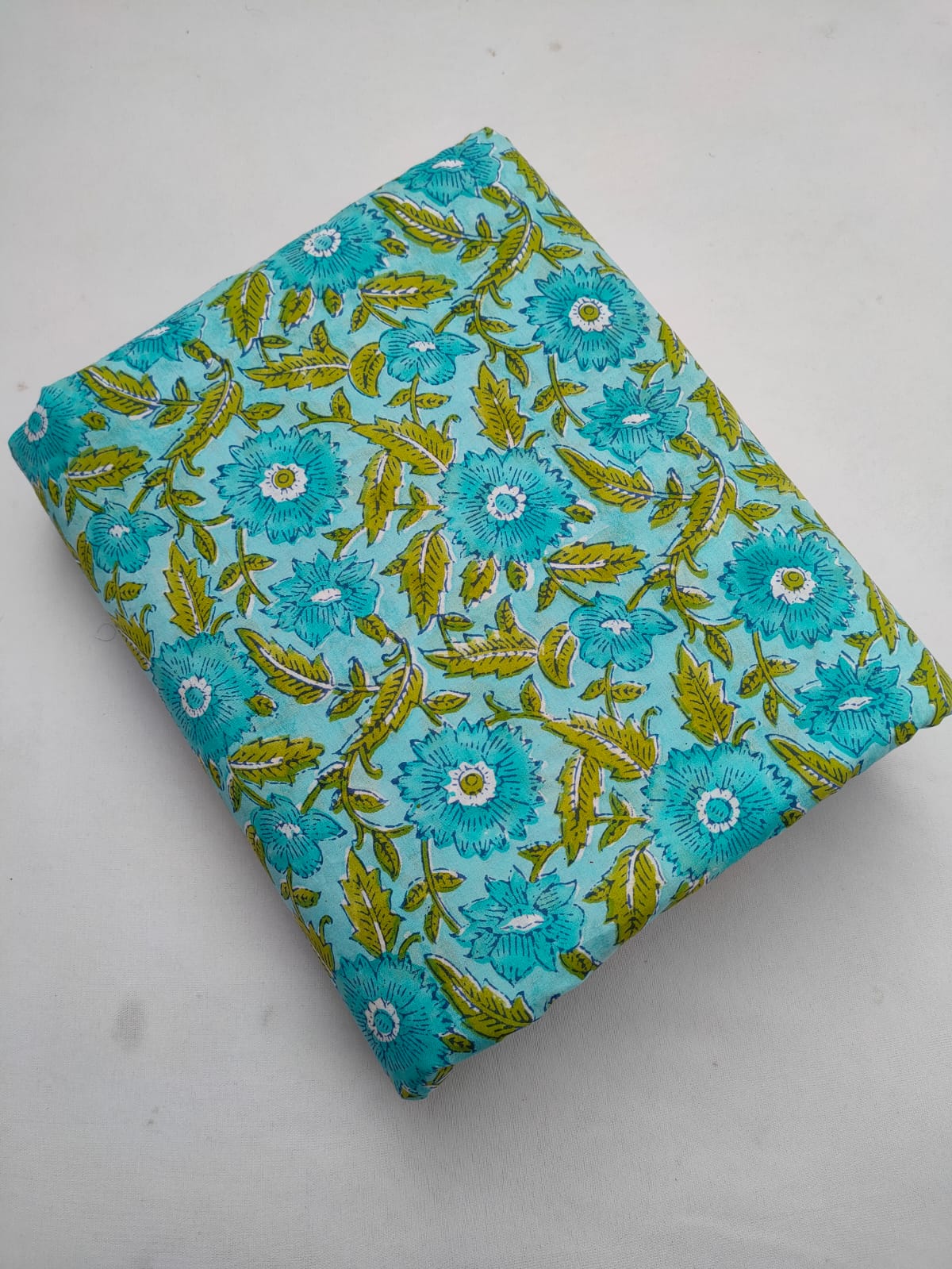 Turquoise Blue Floral Vine Jaipuri Hand Block Print Pure Cotton Fabric From Tulsi Prints