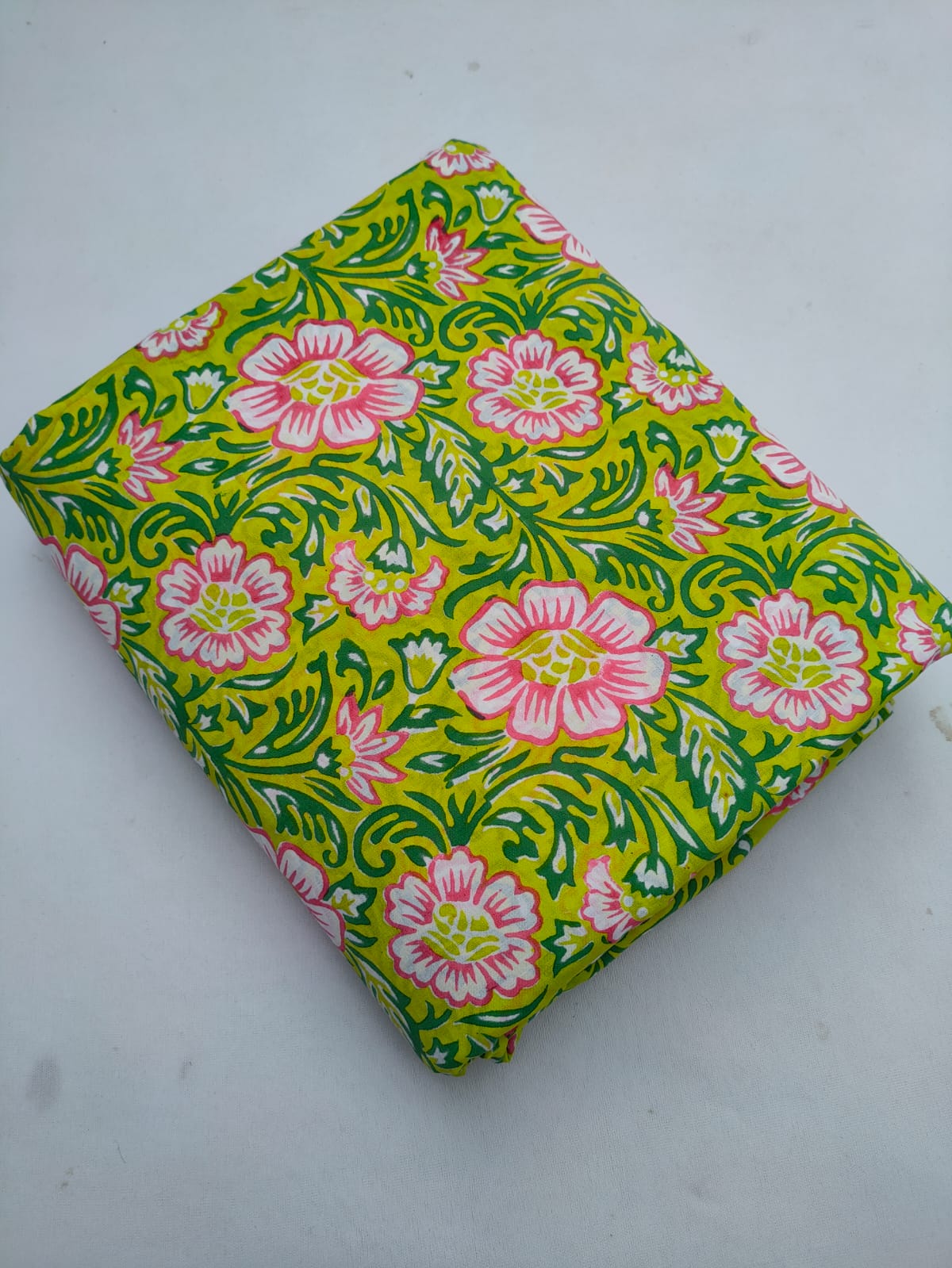 Lime Green Floral Vine Jaipuri Hand Block Print Pure Cotton Fabric From Tulsi Prints