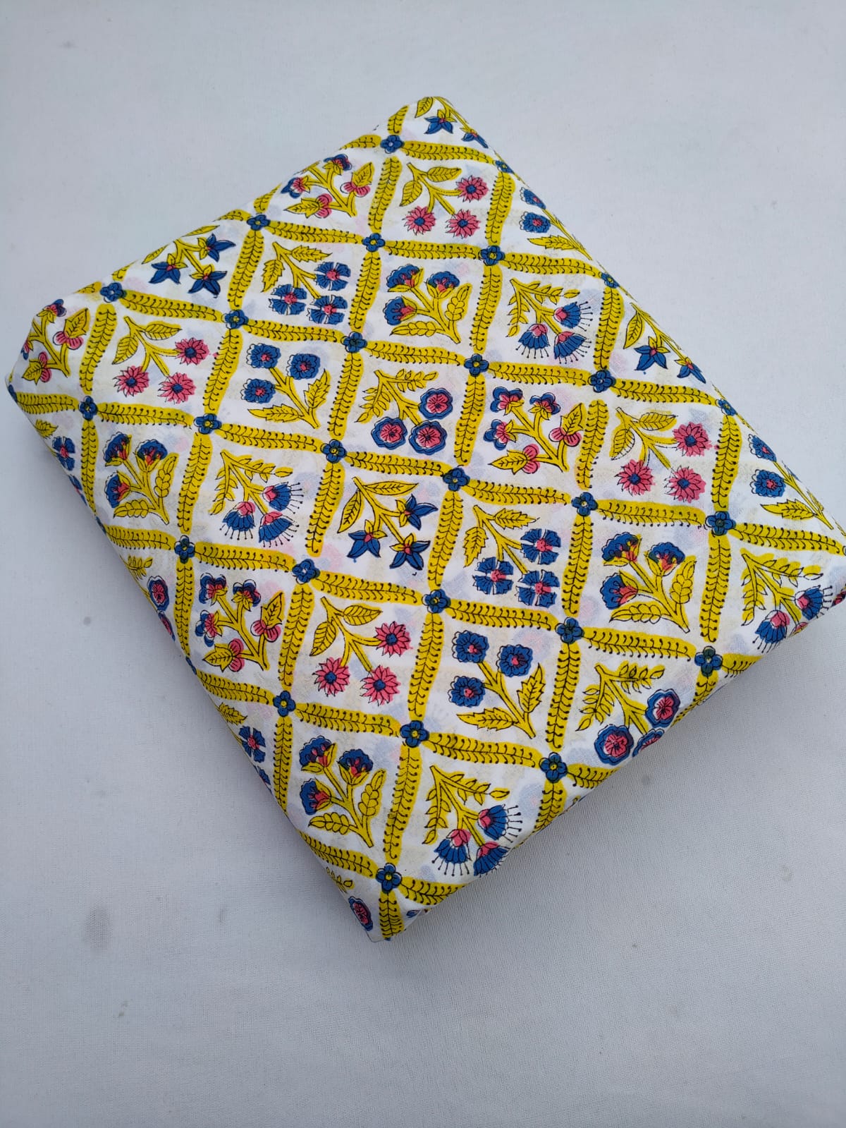 White Multi Floral Grid Jaipuri Block Print Pure Cotton Fabric From Tulsi Prints