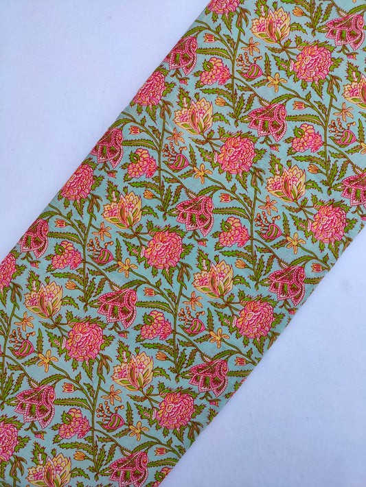 Turquoise Pink Floral Screen Print Pure Cotton Fabric From Tulsi Prints