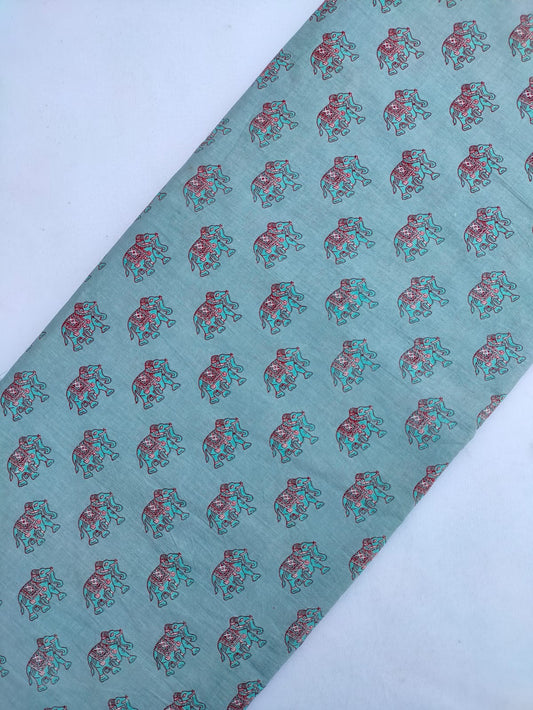 Teal Elephant Motif Screen Print Pure Cotton Fabric From Tulsi Prints