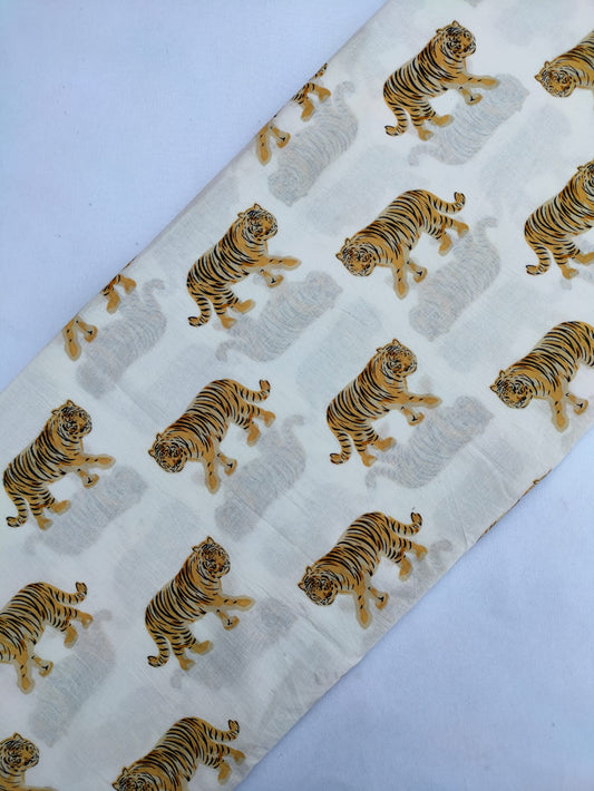 Cream Tiger Motif Screen Print Pure Cotton Fabric From Tulsi Prints