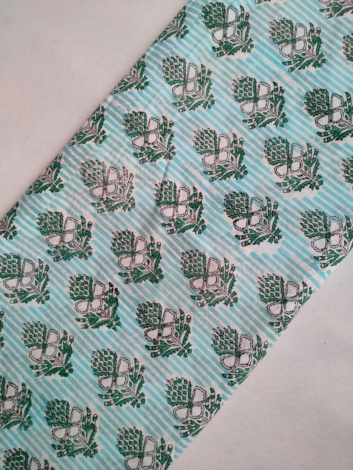 Teal Blue Striped Boota Print Jaipuri Hand Block Print Pure Cotton Fabric From Tulsi Prints