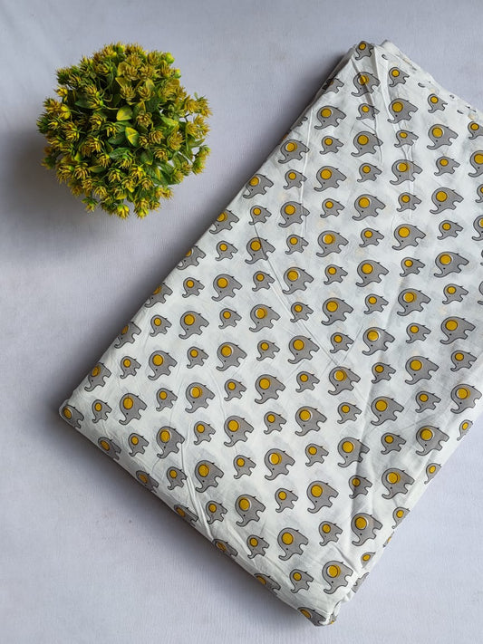 White Elephant and Egg Screen Print Pure Cotton Fabric From Tulsi Prints