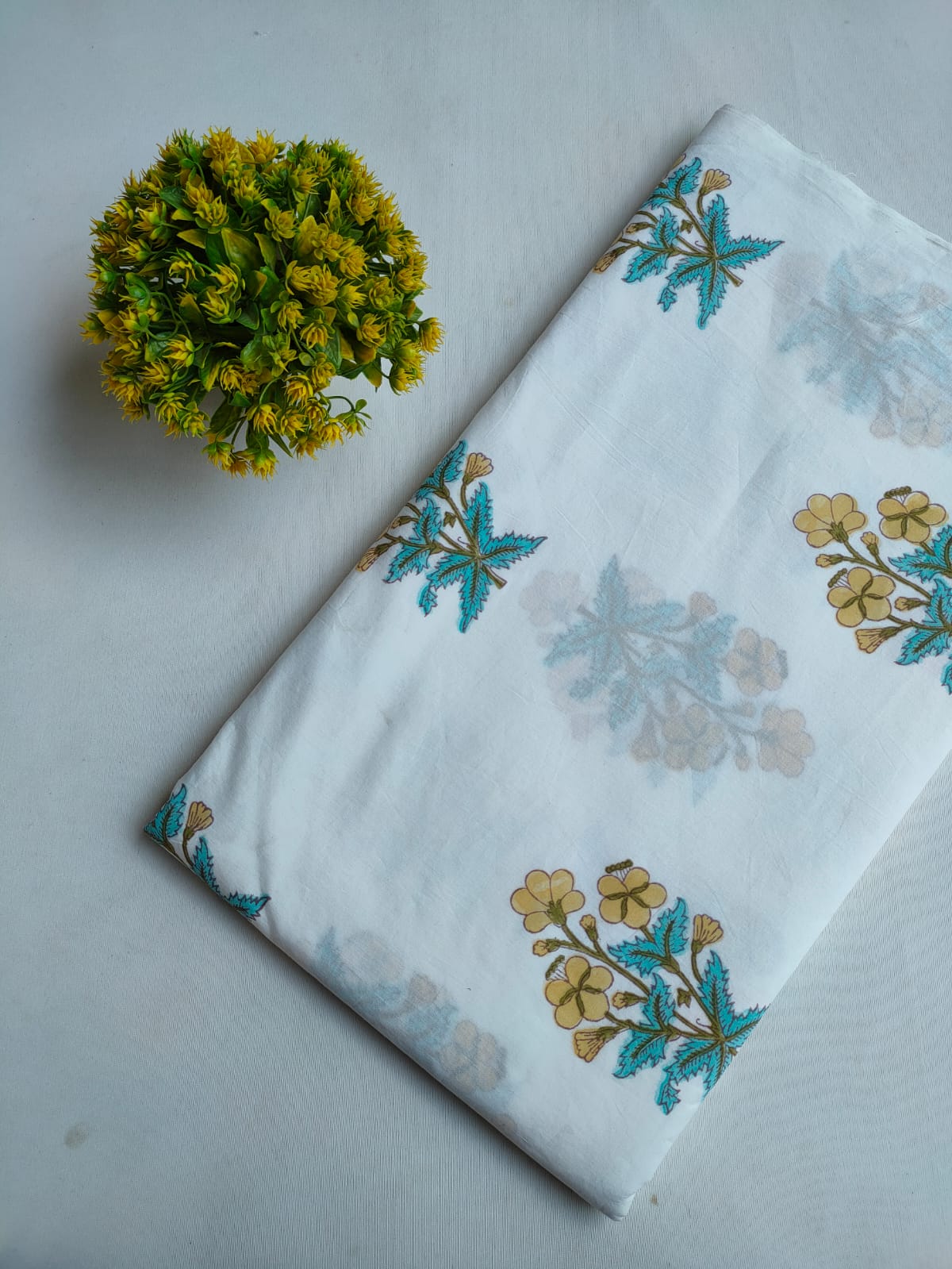 White Floral Boota Jaipuri Block Print Pure Cotton Fabric From Tulsi Prints