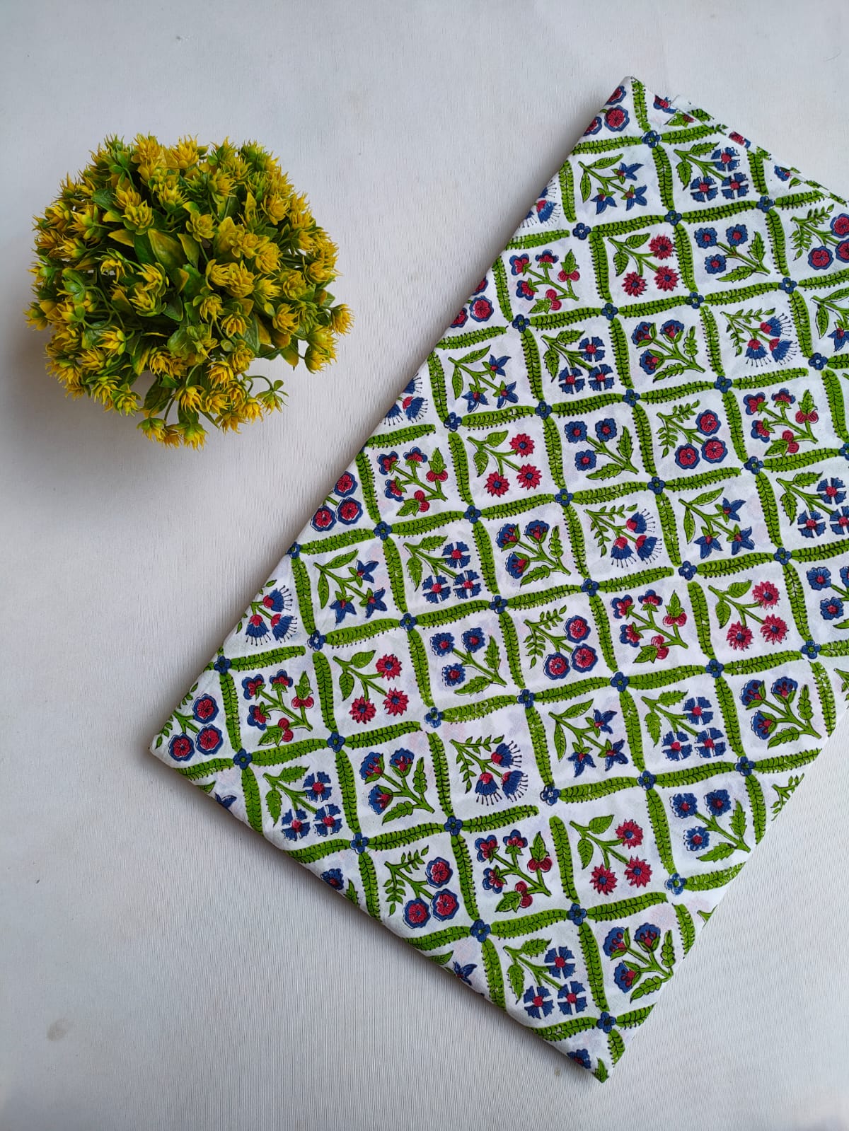 White Green Floral Grid Jaipuri Hand Block Print Pure Cotton Fabric From Tulsi Prints