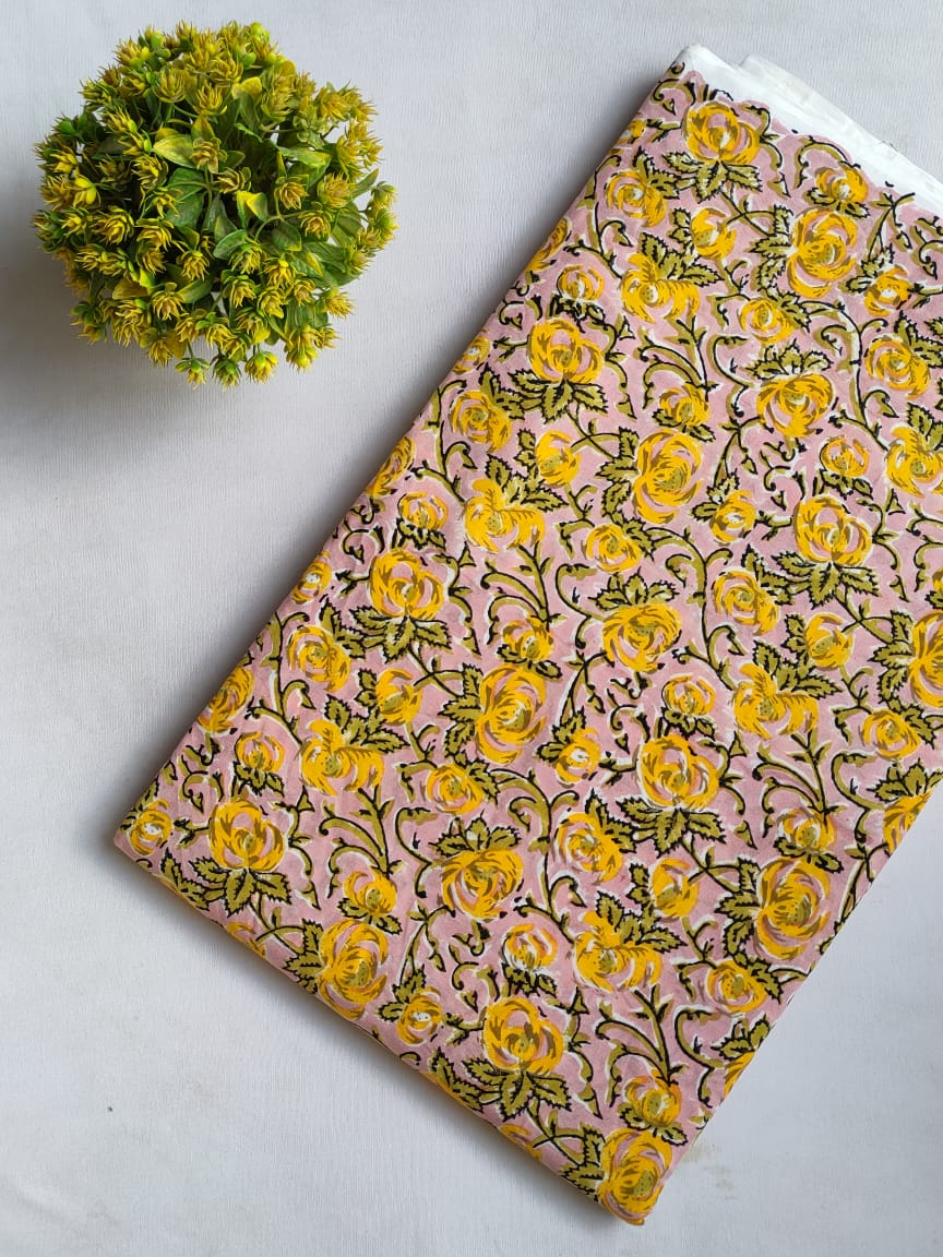 Pink Floral Sanganeri Hand Block Print Cotton Fabric From Tulsi Prints