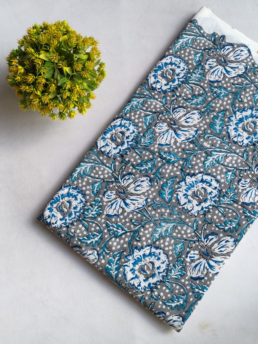 Grey Floral Sanganeri Hand Block Print Cotton Fabric From Tulsi Prints
