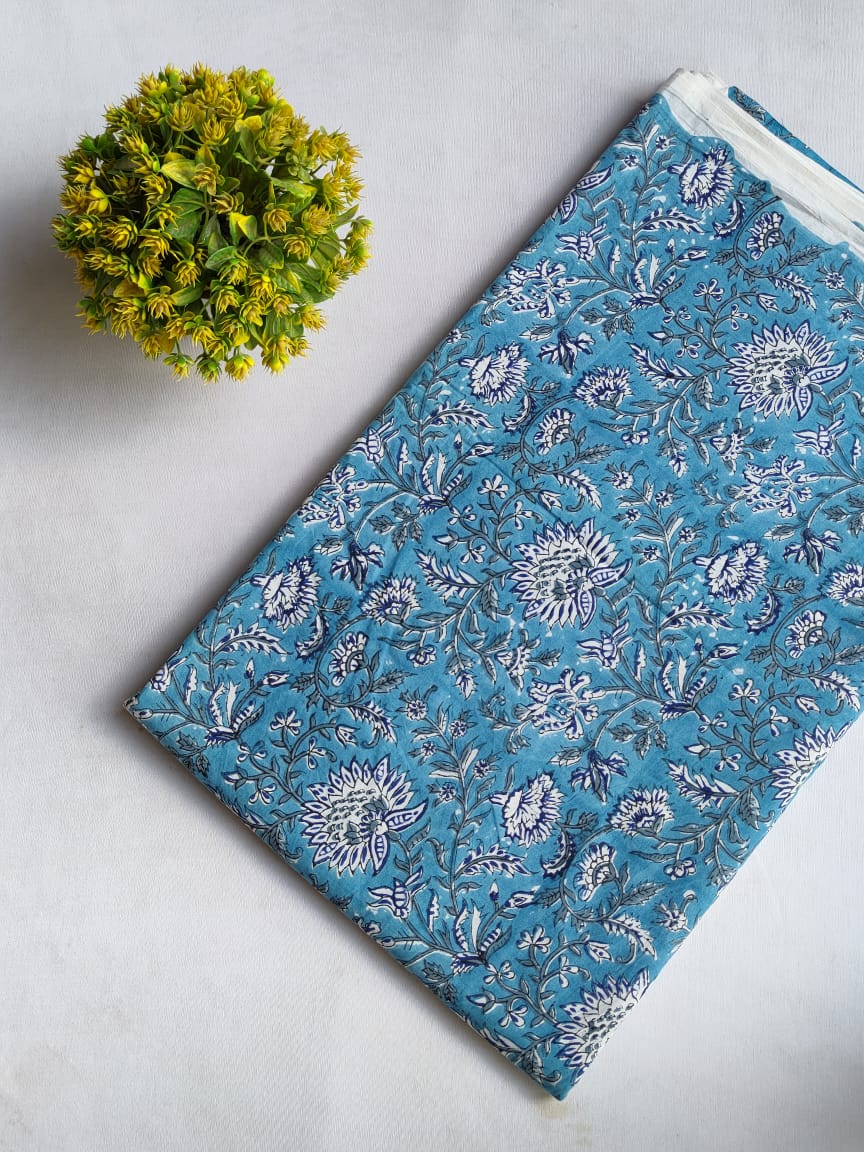 Turquoise Floral Sanganeri Hand Block Print Cotton Fabric From Tulsi Prints