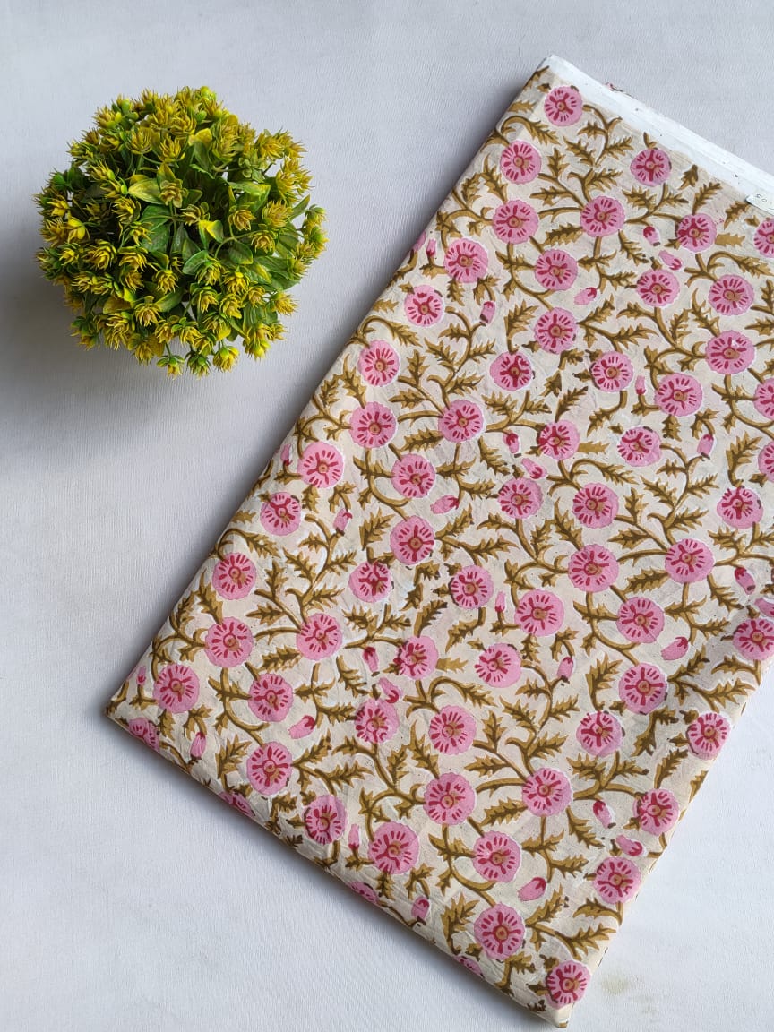 Pink Floral Sanganeri Hand Block Print Pure Cotton Fabric From Tulsi Prints