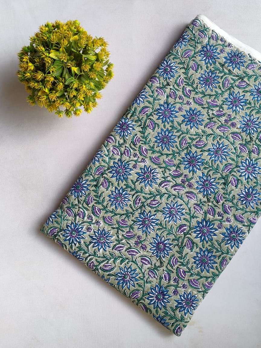 Green Floral Sanganeri Hand Block Print Cotton Fabric From Tulsi Prints