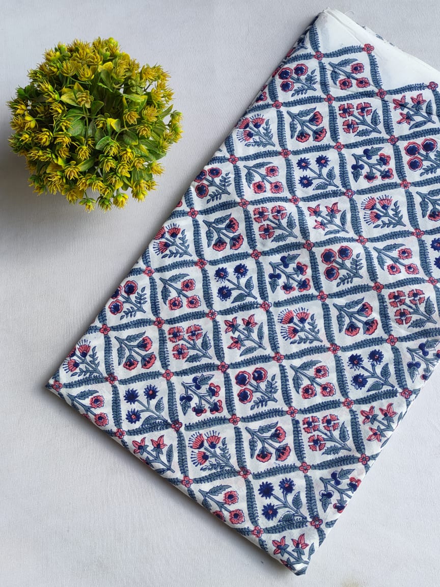 White Floral Sanganeri Block Print Pure Cotton Fabric From Tulsi Prints