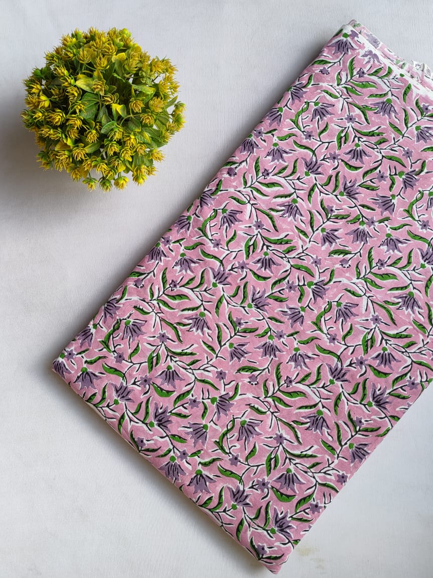 Pink Floral Sanganeri Hand Block Print Cotton Fabric From Tulsi Prints
