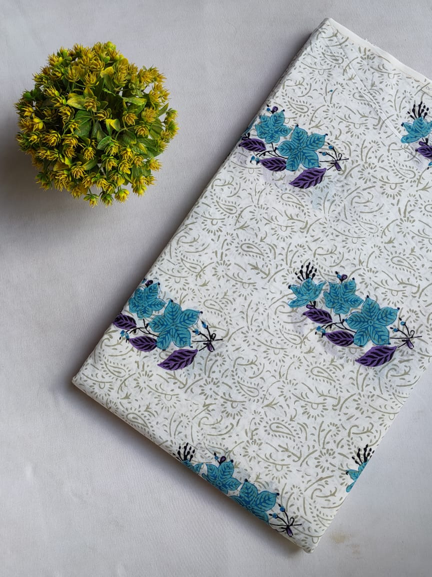 White Floral Vine Sanganeri Hand Block Print Cotton Fabric From Tulsi Prints
