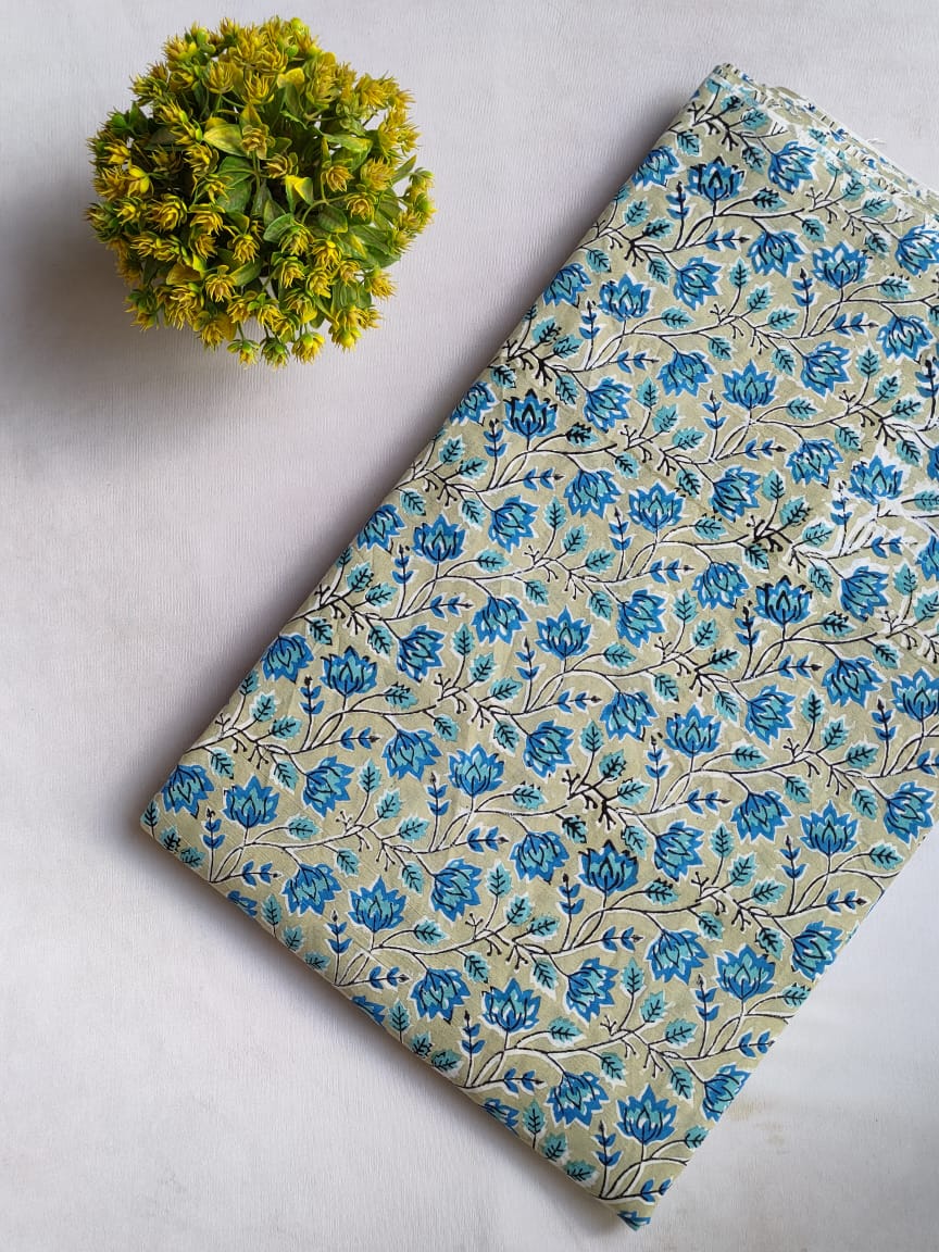 Blue Floral Sanganeri Block Print Pure Cotton Fabric From Tulsi Prints