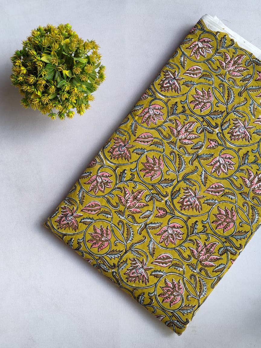 Mustard Yellow Floral Sanganeri Block Print Cotton Fabric From Tulsi Prints