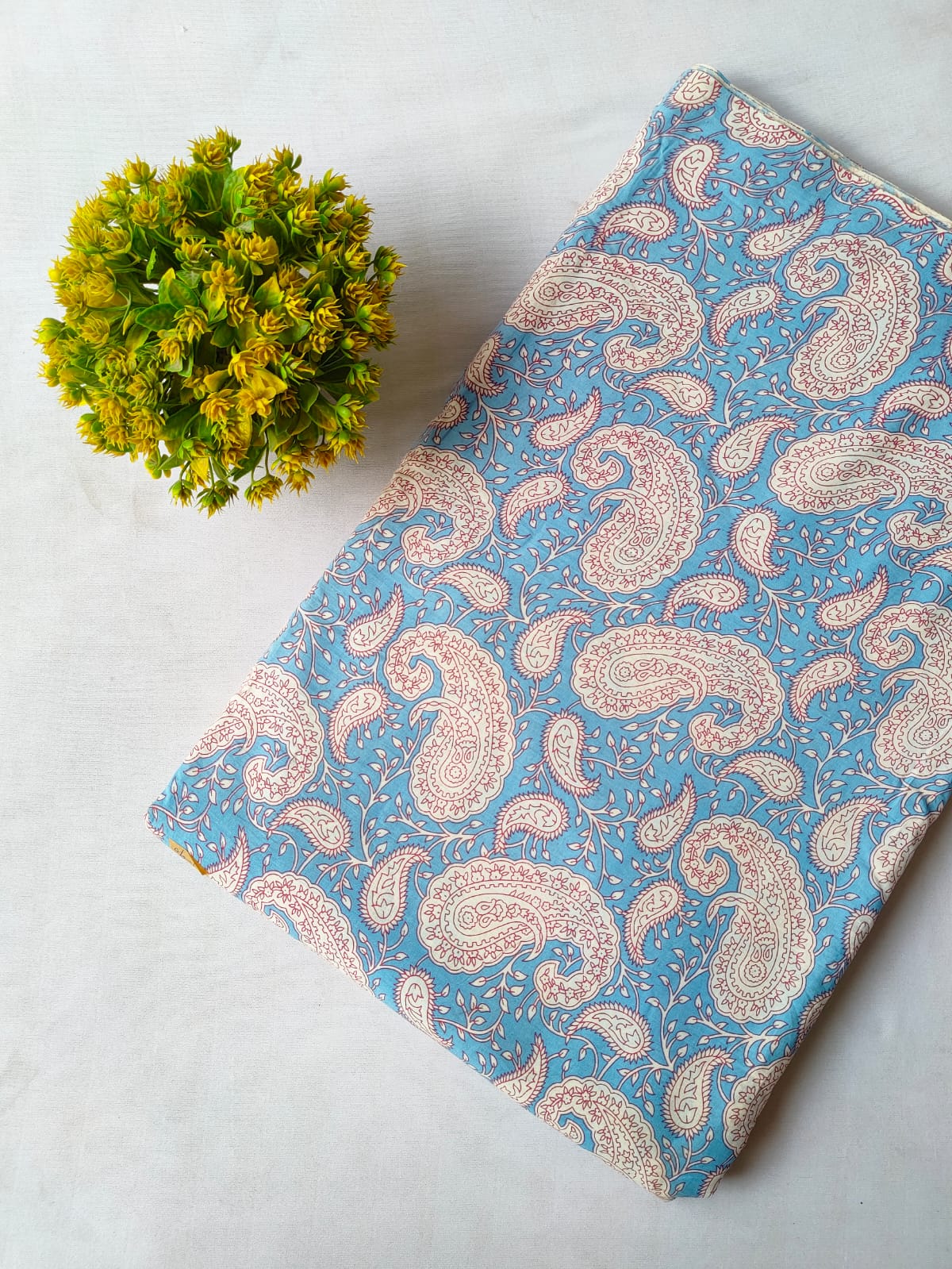 Blue Paisley Motif Screen Print Pure Cotton Fabric From Tulsi Prints