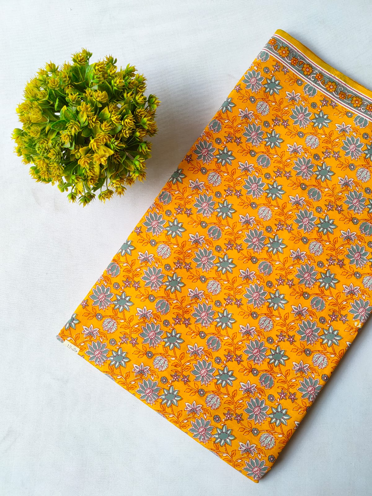 Mustard Yellow Floral Vine Screen Print Pure Cotton Fabric From Tulsi Prints
